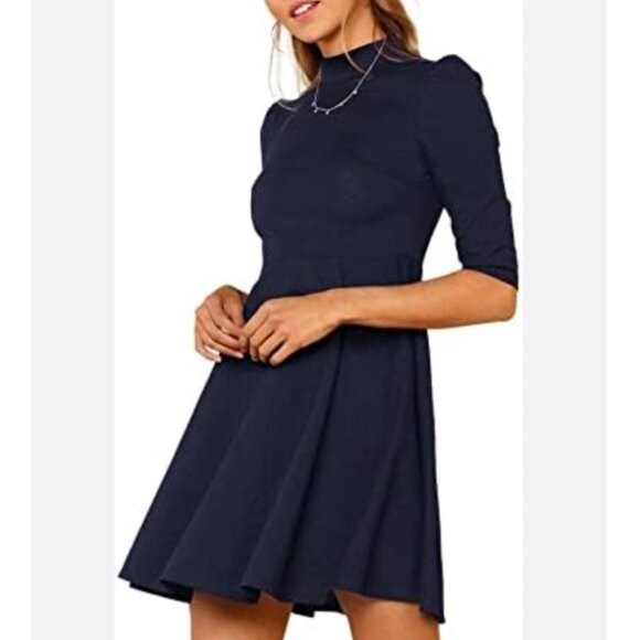 SHEIN Dresses & Skirts - Puff sleeve mock neck flared mini dress navy XS